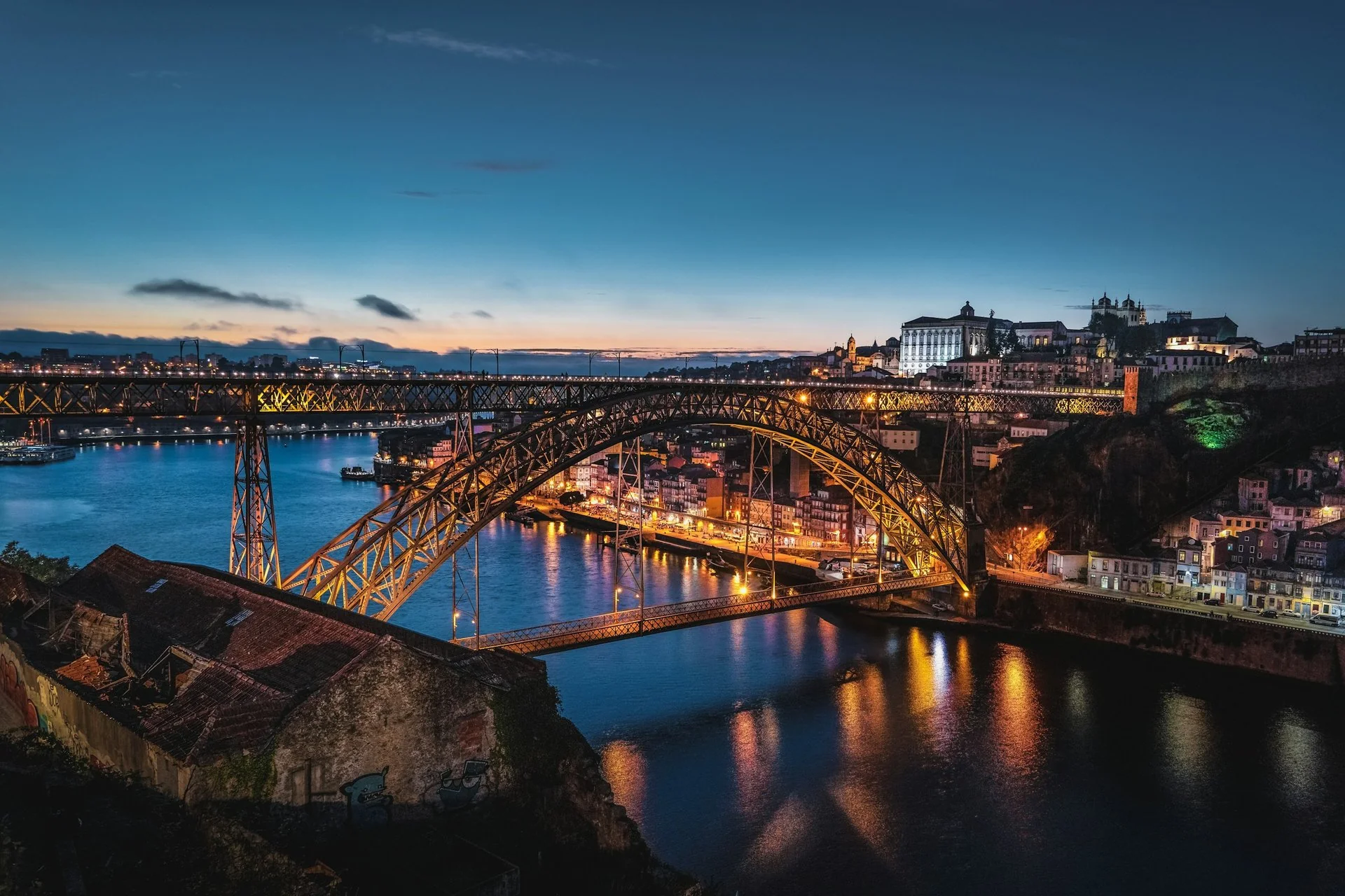 Vue de la Ribeira de Porto et du pont Dom Luís I sur le Douro avec les façades colorées et les bateaux rabelos au crépuscule